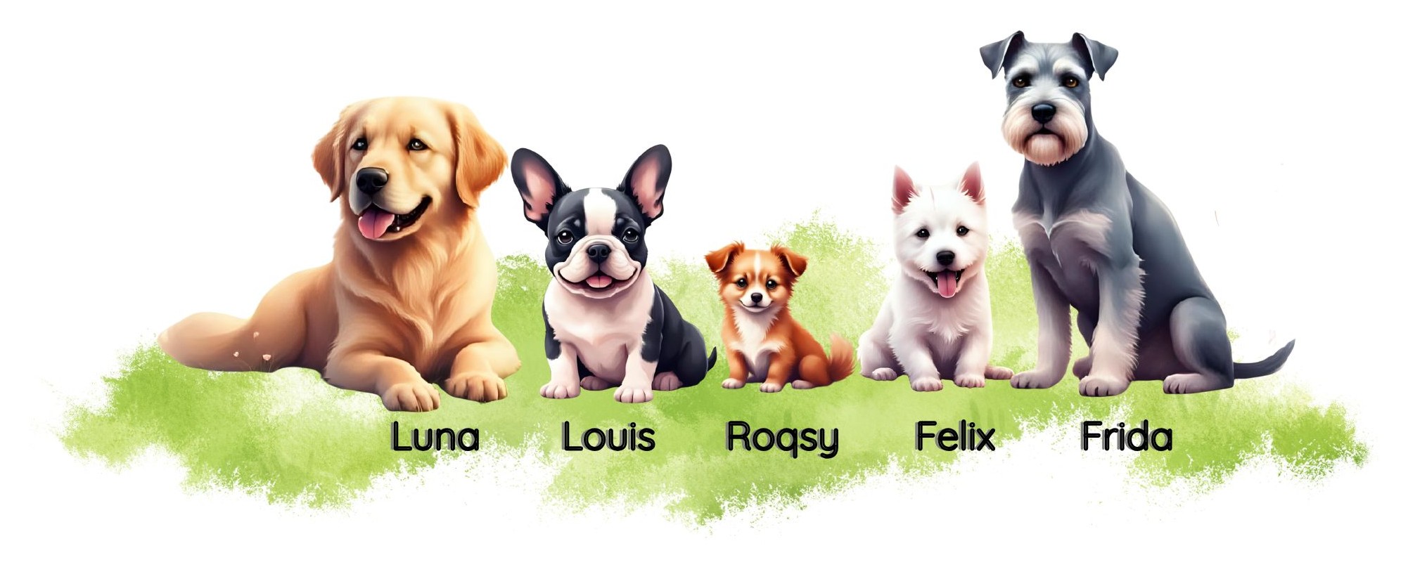 Das ganze Rudel: Luna, Louis, Roqsy, Felix und Frida